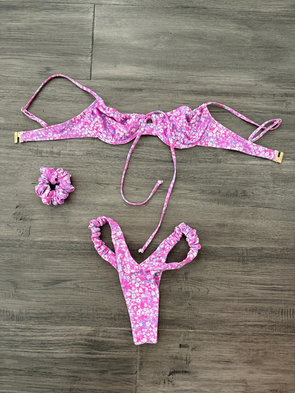 Kulani Kinis Pink Floral Ruching Bikini Set with matching Scrunchie